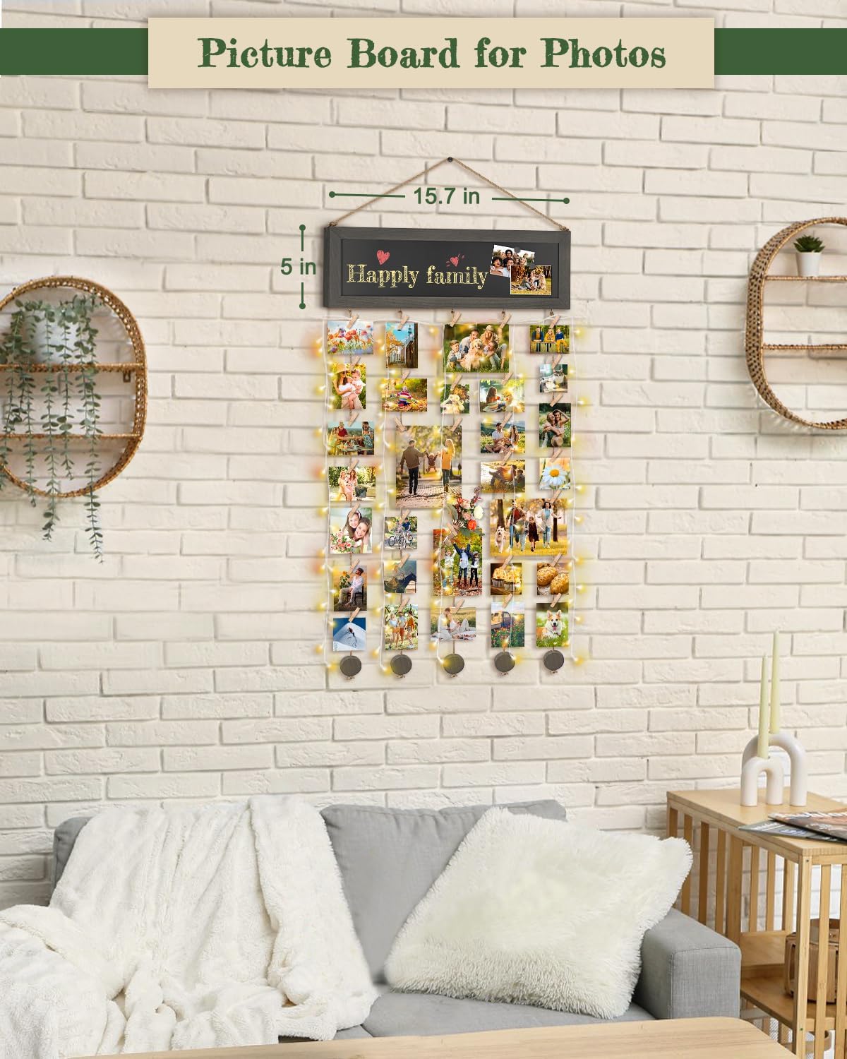 Bikoney Picture Frames Collage Photo Hanging Display Picture Board Wood Rustic Frames for Wall Decor with Blackboard and 30 Clips Weathered Grey