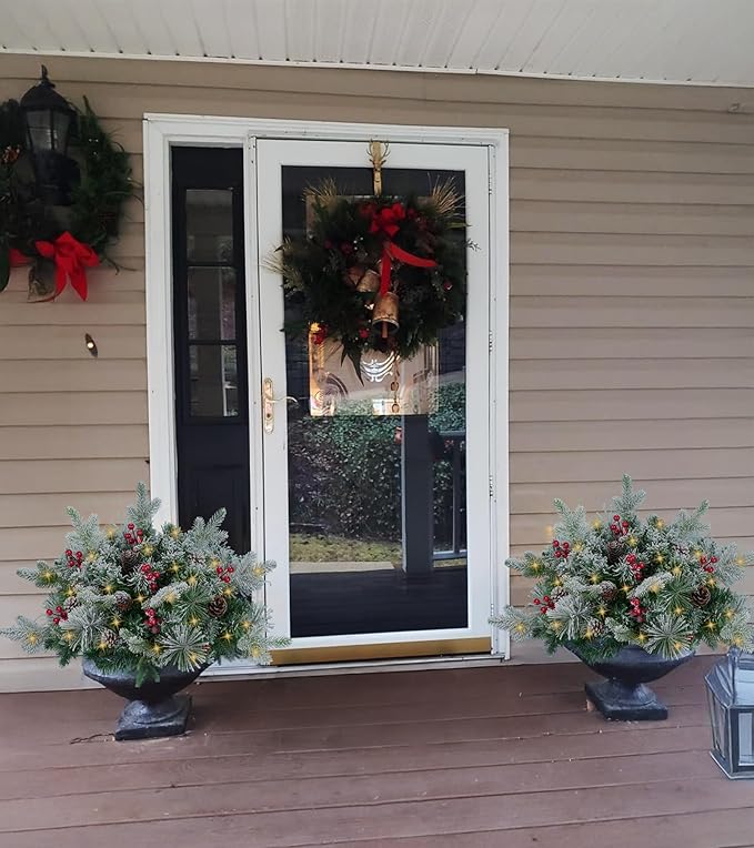 24'' Small Pre-lit Christmas Trees Outdoor Flocked Artificial Christmas Trees with LED Lights Berrys Pinecone Christmas Urn Filler Mini Xmas Tree for Porch & Yard - Set of 2