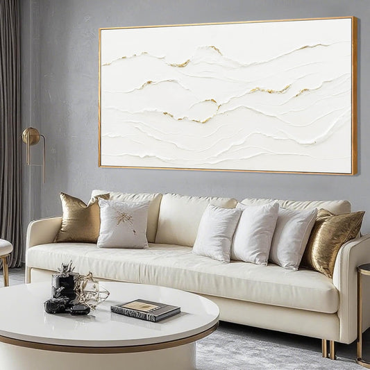 Minimalist White and Gold Line Artwork with Frame Hand Painted Abstract Canvas Wave Wall Art for Bedroom Living Room Office 24"x48"