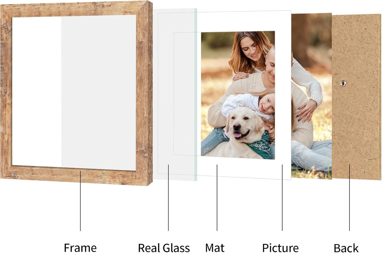 iRahmen 12x12 Picture Frame Set of 4 with Tempered Glass, Rustic Brown Frame Display 10x10 Pictures with Mat or 12 x 12 Without Mat, Wood Square Photo Frames for Desktop Display and Wall Mounting