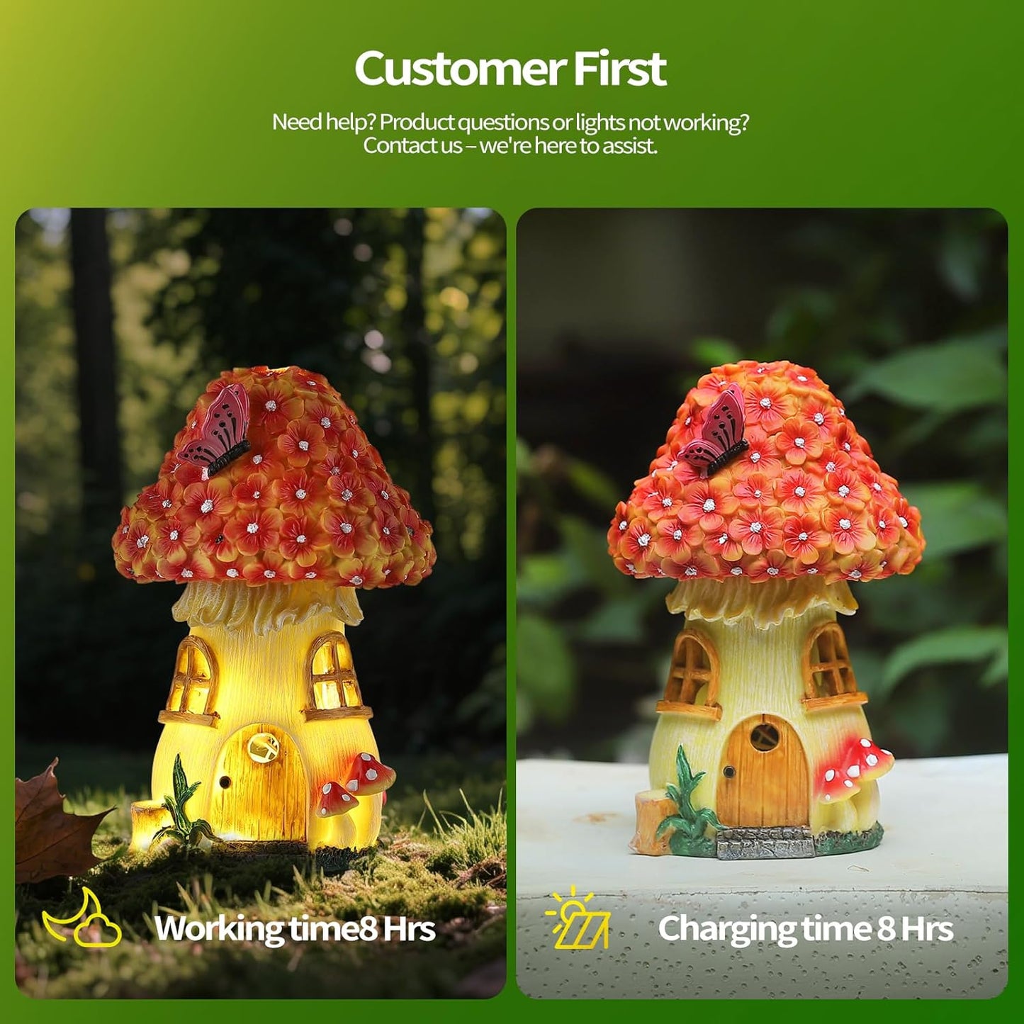 Fairy Garden House Mushroom with Solar LED Light - Resin Fairy Garden Accessories, Waterproof Outdoor Light Statue Tiny House, Perfect for Lawn, Balcony, Yard Decor, 7" H