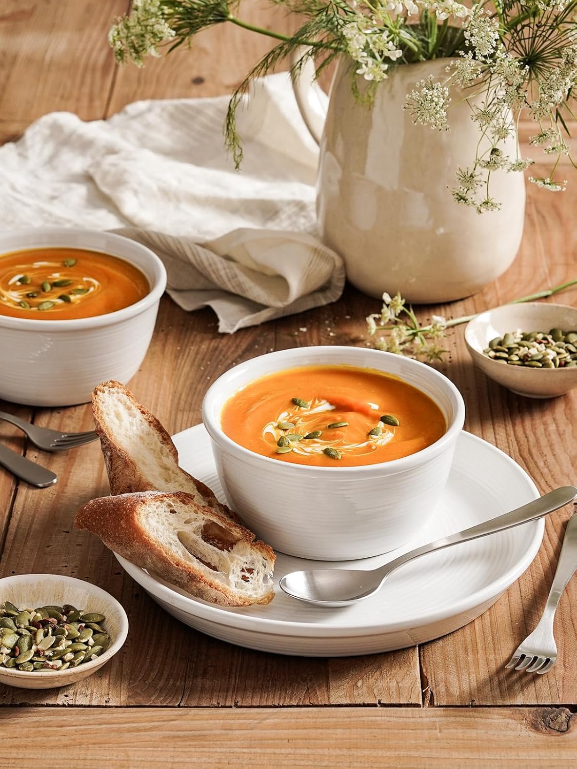 LE TAUCI 12‑Piece Ceramic Plates and Bowls Set, Service for 4 – White Farmhouse Dinnerware Sets with Deeper Plates (10" Dinner, 8" Salad, 6" Bowls), Dishwasher & Microwave Safe Stoneware Dishes