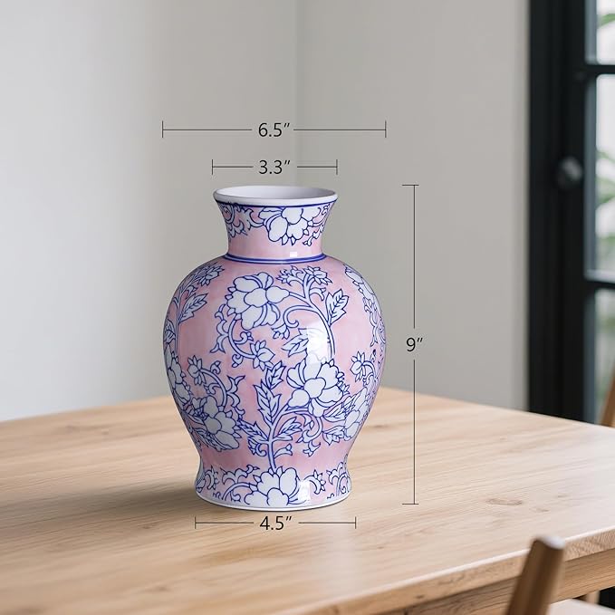 Vintage Chinoiserie Floral Ceramic Vase, Large Rustic Pottery Vases for Living Room, Entryway, Dining Table Centerpiece, Farmhouse Home Décor, Floor or Tabletop Flower Vase, (Pink)