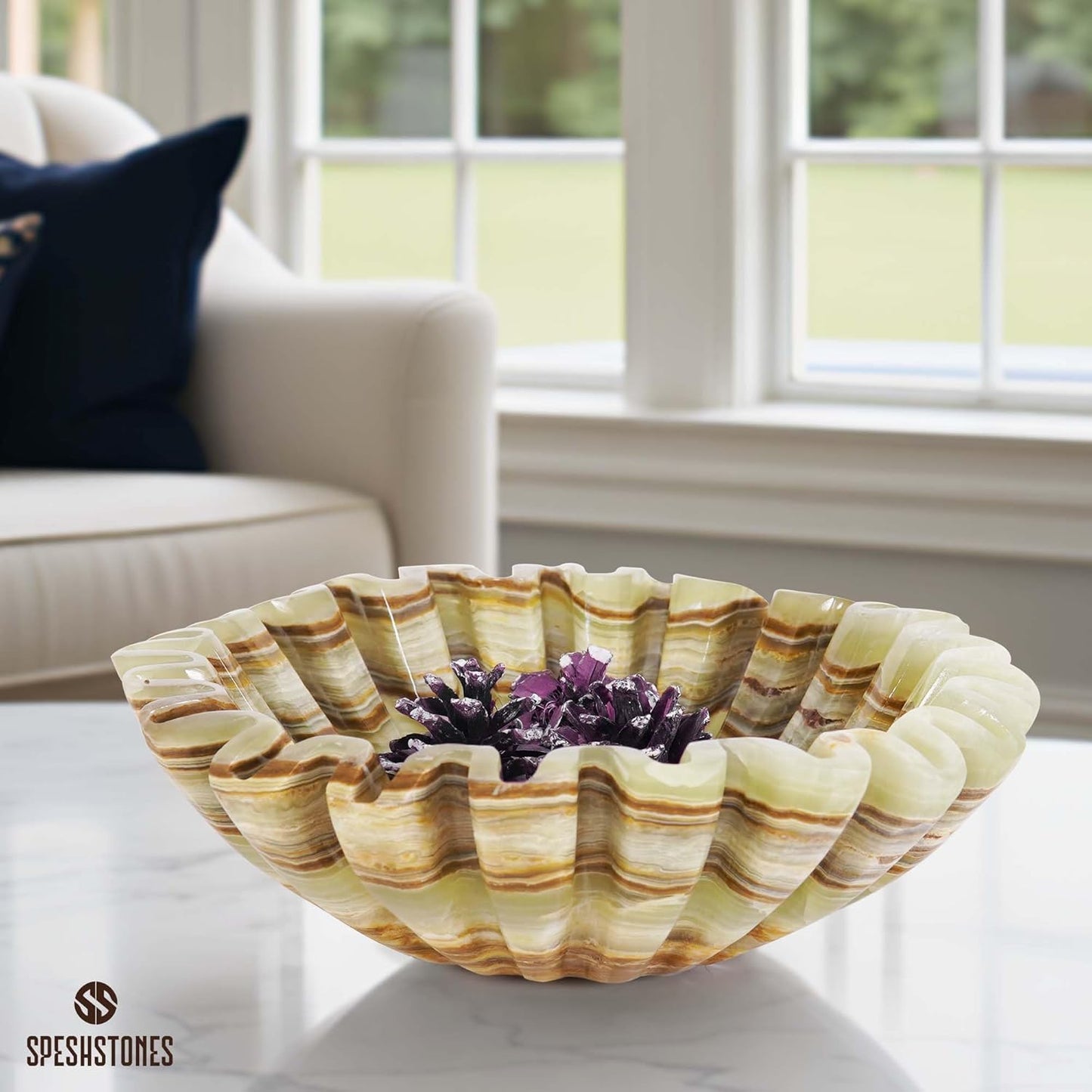 Marble Ruffle Bowl 8 Inch Green Stone Large Decorative Fruit Bowl for Kitchen Counter & Dining Table Centerpiece - Modern Fluted and Scalloped Bowls for Coffee Tables & Home Decor