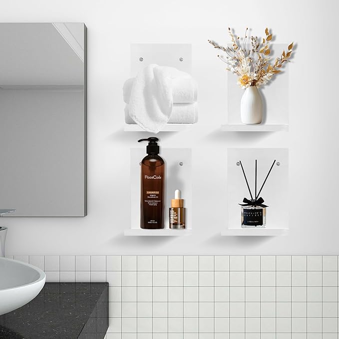 PHOENANCEE Small Wall Shelf Modern,Wooden Mini Floating Shelves,Indoor Wall Mounted Plants Shelf L Shaped,Midcentury Display Decorative Holder for Gallery Living Room Bedroom Porch,Pine,4 Pack(White)