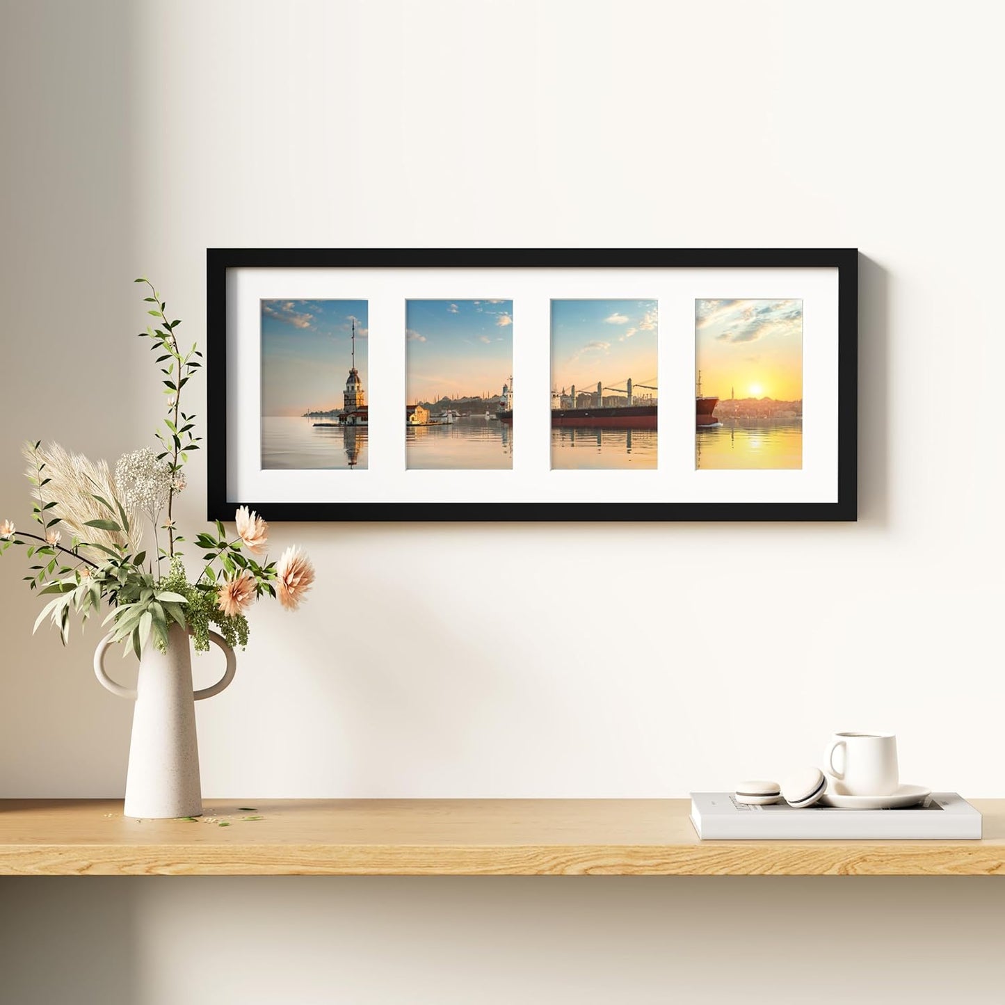 decorUhome 8x20 Picture Frames Collage Wall Decor, Display 4Pcs 4x6 Photos with Mat or 1Pcs 8x20 Unmatted, 4 4x6 Collage Picture Frames for Wall Mounting, Black