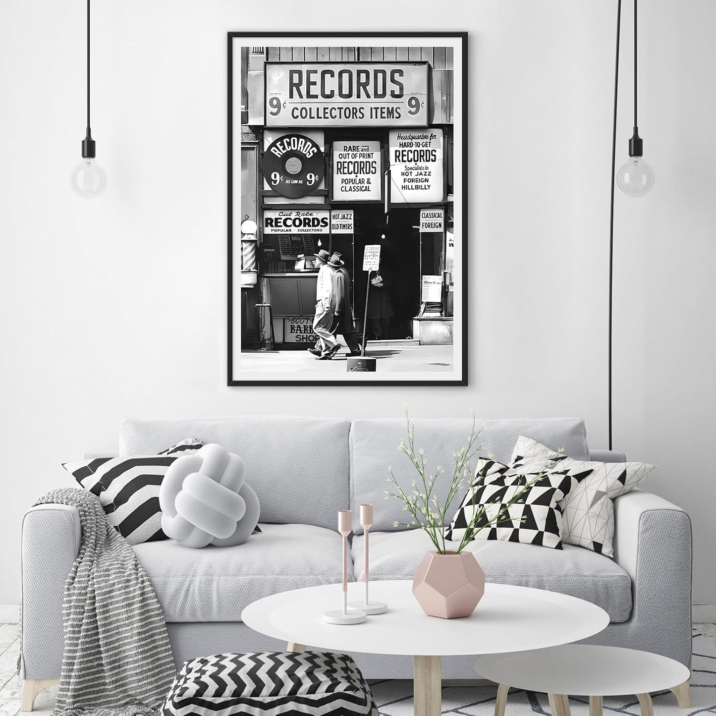 Fashion Black And White Photography Wall Art Vintage Preppy Record Shop Poster Retro Trendy Music Art Aesthetic Canvas Print for Music Lovers Gifts 20x30in BlackFramed