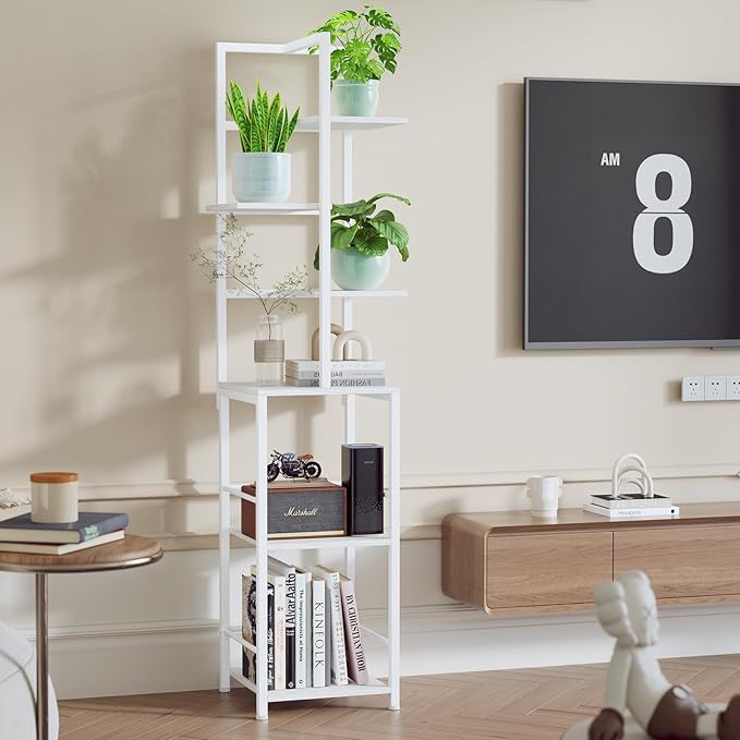 Plant Stand Indoor with Grow Light, 6-Tiered Tall Plant Stand Indoor, Metal Plant Shelf with Bookshelf Bookcase and Adjustable Light, Ideal for Living Room, Reading room, Garden, Patio (white)