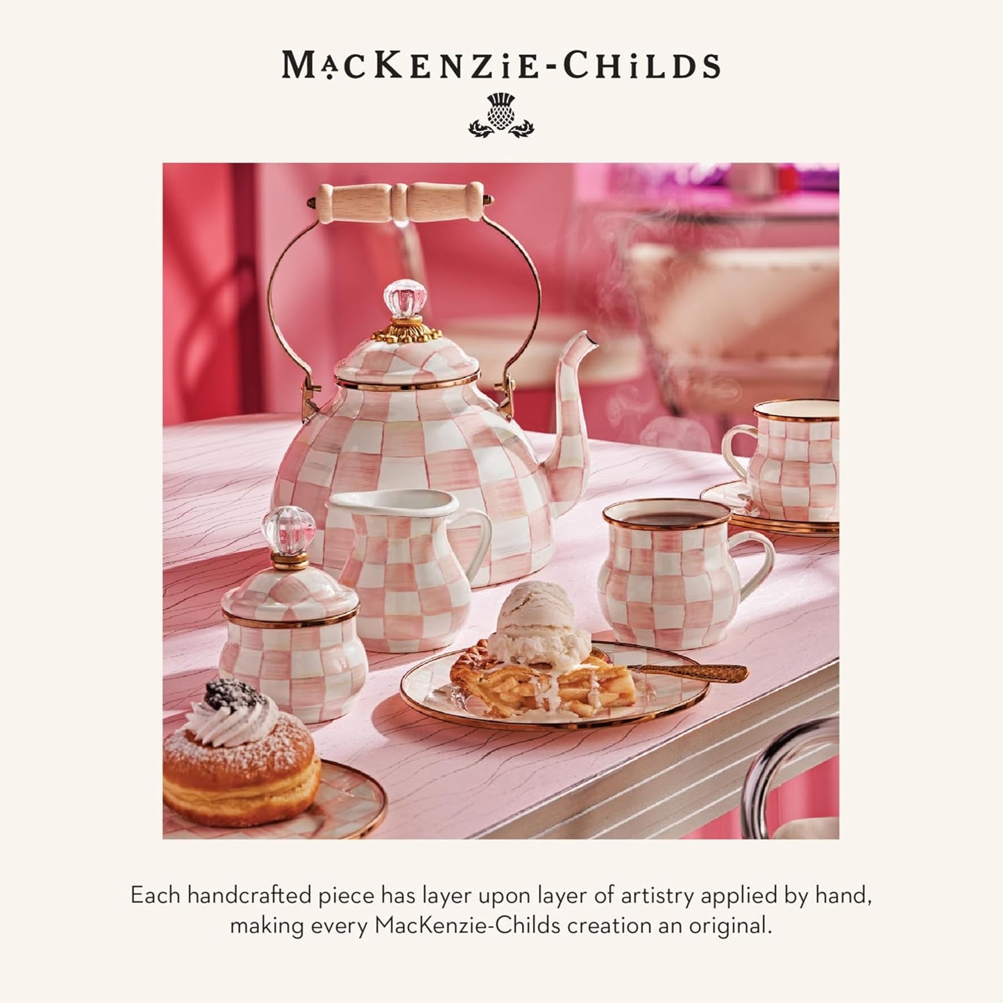 MACKENZIE-CHILDS Enamel Teacup, Unique Coffee and Tea Mug, Enamel Cup for Hot Tea, 10 Ounces, Pink-and-White Rosy Check