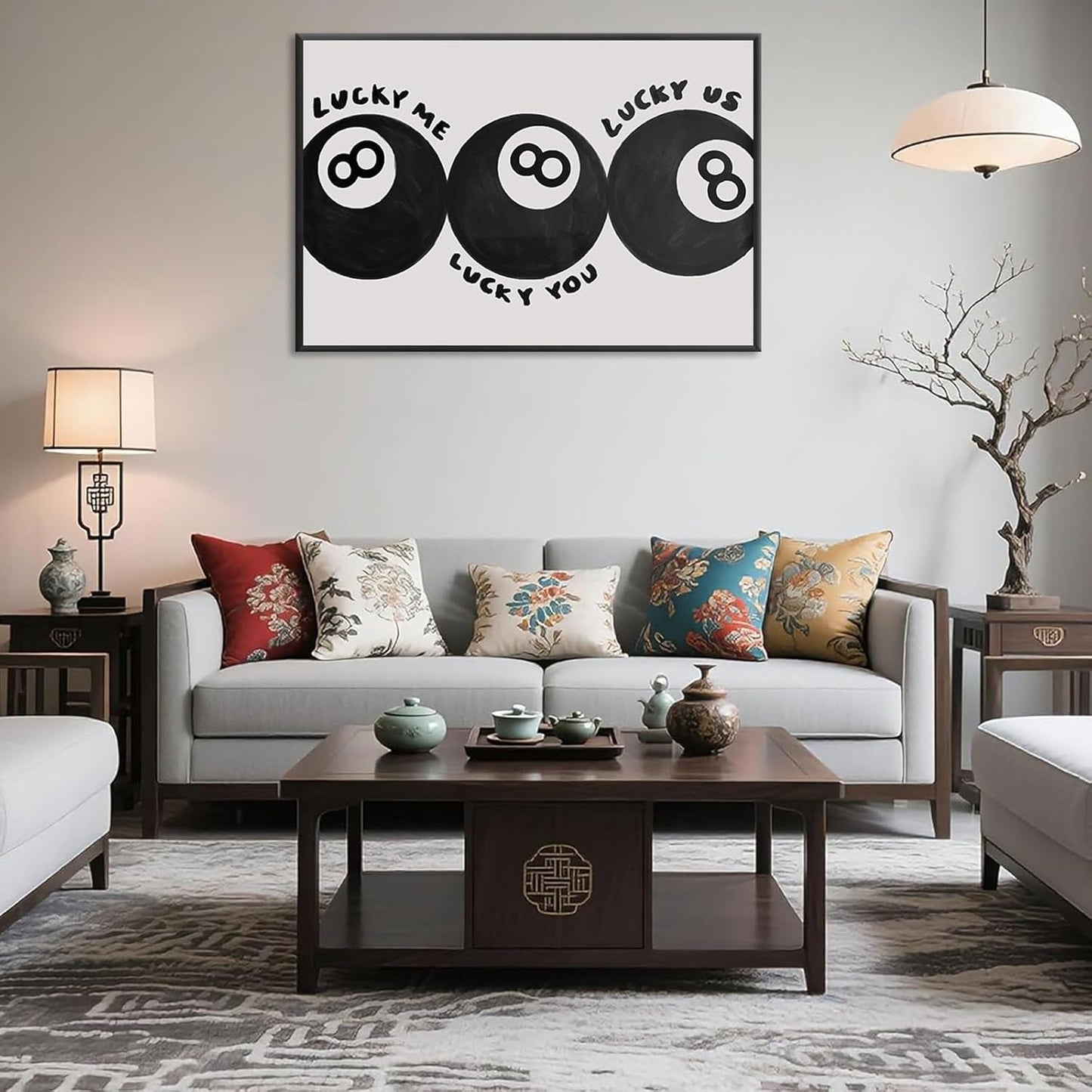 Lucky Me Lucky You Lucky Us Quote Cool Canvas Wall Art Vintage Black 8 Balls Poster Playful Billiards Print Paintings Trendy Aesthetic Pictures Decor for Game Room Bar Cart 16x24inch Metal Black Frame