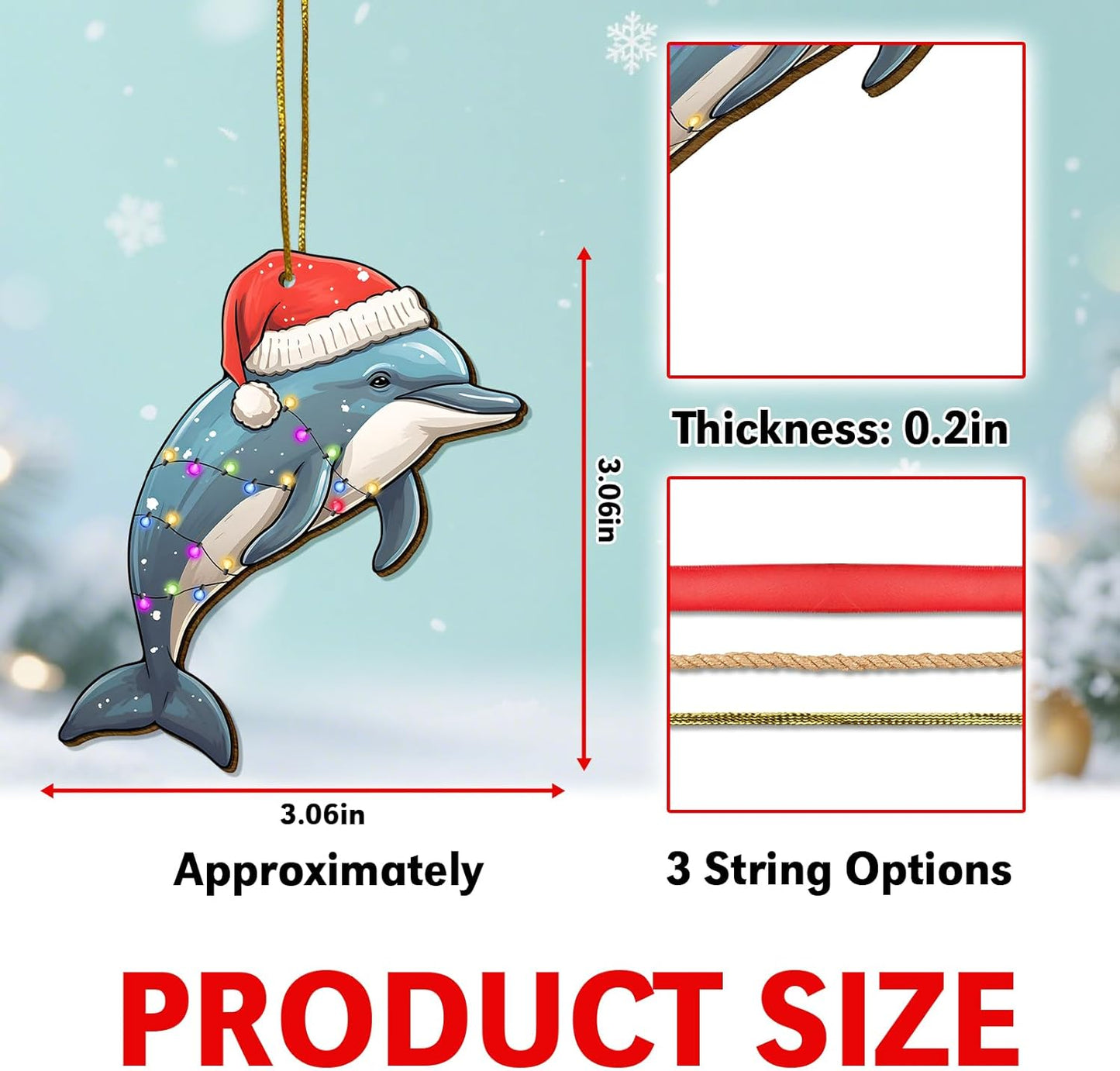 Dolphin Ornament for Christmas Tree Decorations - Dolphin with Santa Hat Hanging Ornament - Marine Life Decorative Gifts - 2 Side Printed Wooden Ornament