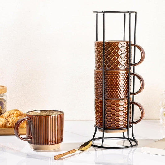 GBHOME 12OZ Stackable Coffee Mugs with Stand, Ceramic Coffee Mugs with Texture Patterns for Man,Woman,Dad,Mom, Modern Coffee Cups Set of 4 for Latte/Cappuccino. Dishwasher&Microwave Safe, Caramel