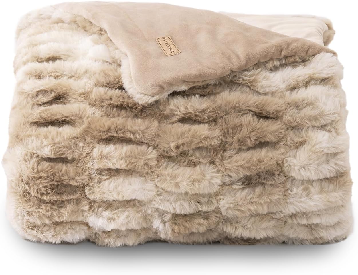 EVERGRACE Luxurious Soft Faux Rabbit Fur Throw Blanket, Cozy Fuzzy Plush Warm Throws for Couch Bed Sofa Chair Home Decor, Ruched Bubble Fluffy Blanket with Reversible Velvet, 50" x 60", Beige