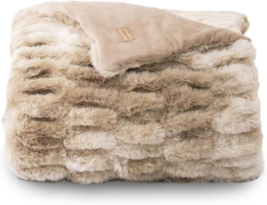 EVERGRACE Luxurious Soft Faux Rabbit Fur Throw Blanket, Cozy Fuzzy Plush Warm Throws for Couch Bed Sofa Chair Home Decor, Ruched Bubble Fluffy Blanket with Reversible Velvet, 50" x 60", Beige