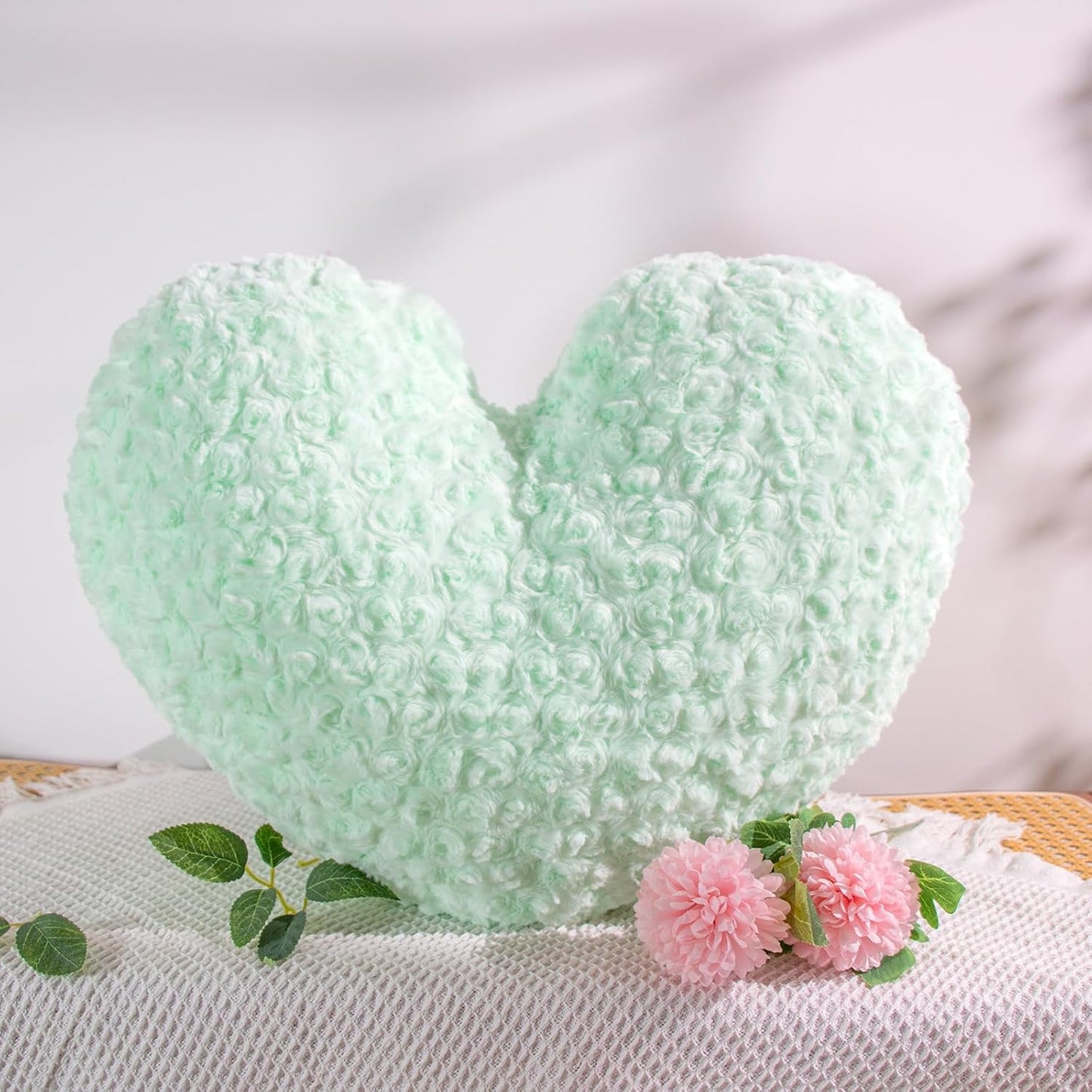 Light Jade Green Heart Shaped Throw Pillow – 600g Faux Rabbit Fur + Plush 6D PP Cotton – 16"x14" Decorative Cushion