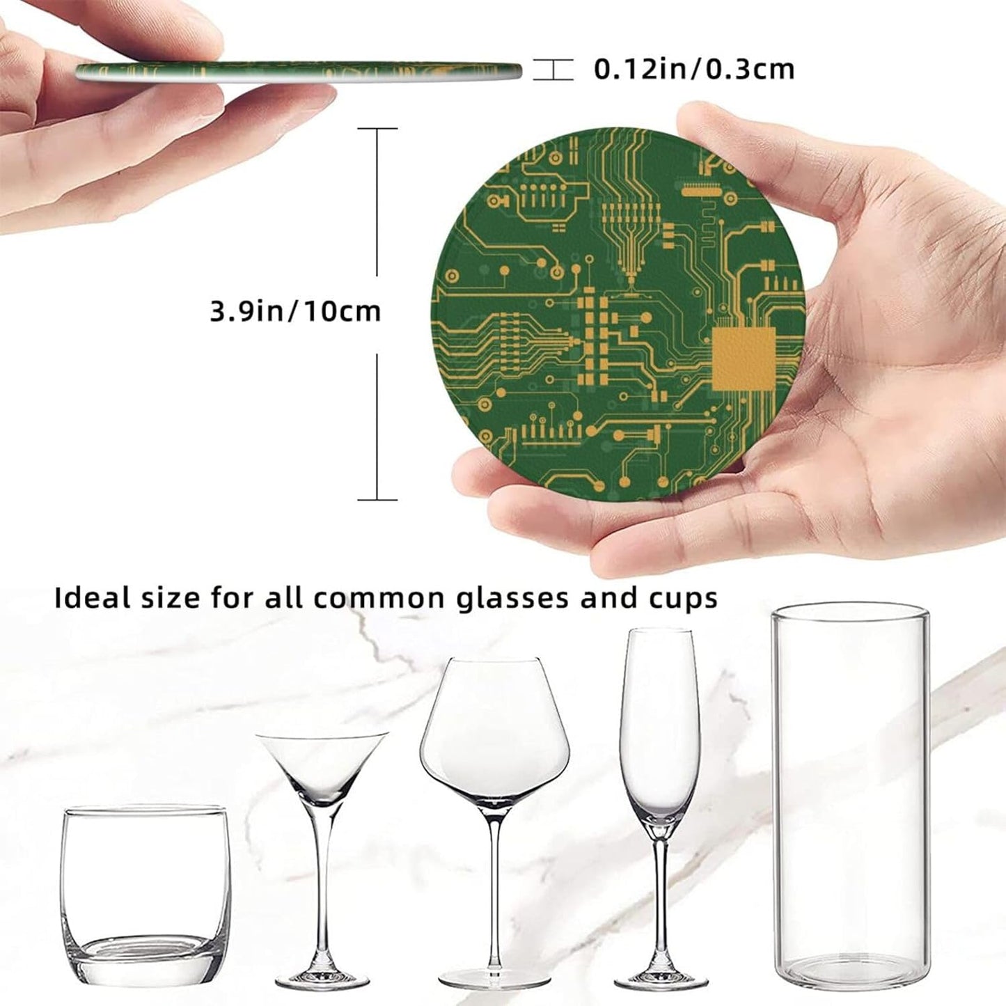 Green Circuit Board Leather Drink Coasters Set of 6 with Holder Round Cup Coaster for Table Decor