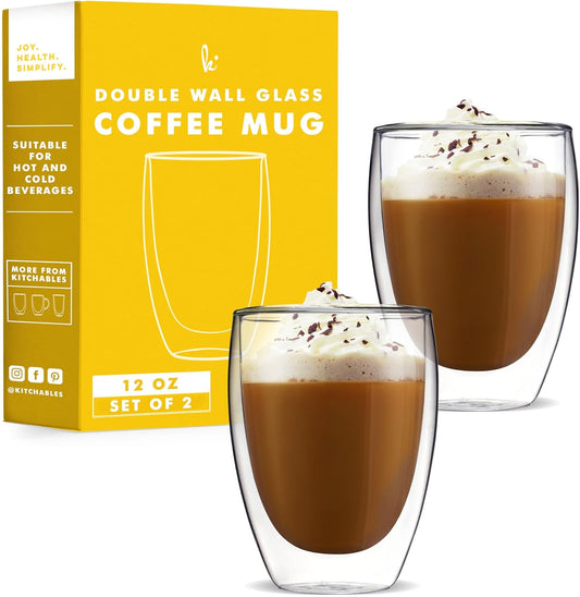 Kitchables Double Walled Glass Coffee Mugs Set of 2,12oz - Insulated Clear Coffee Mug for Cappuccino, Latte, Tea, Espresso - Latte cup - Tazas Para Cafe
