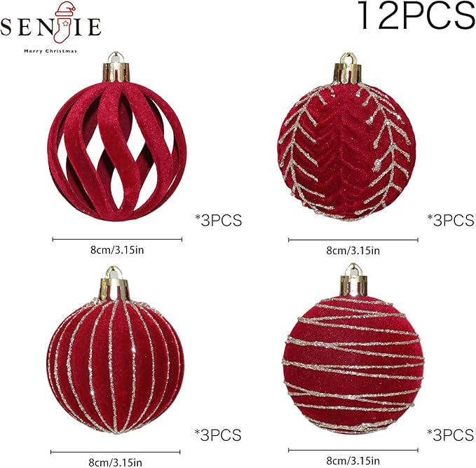3.15INCH Burgundy Velvet Ornaments for Christmas Tree, 12PCS Glitter Flocked Christmas Ornaments Decorations Balls Set Decor