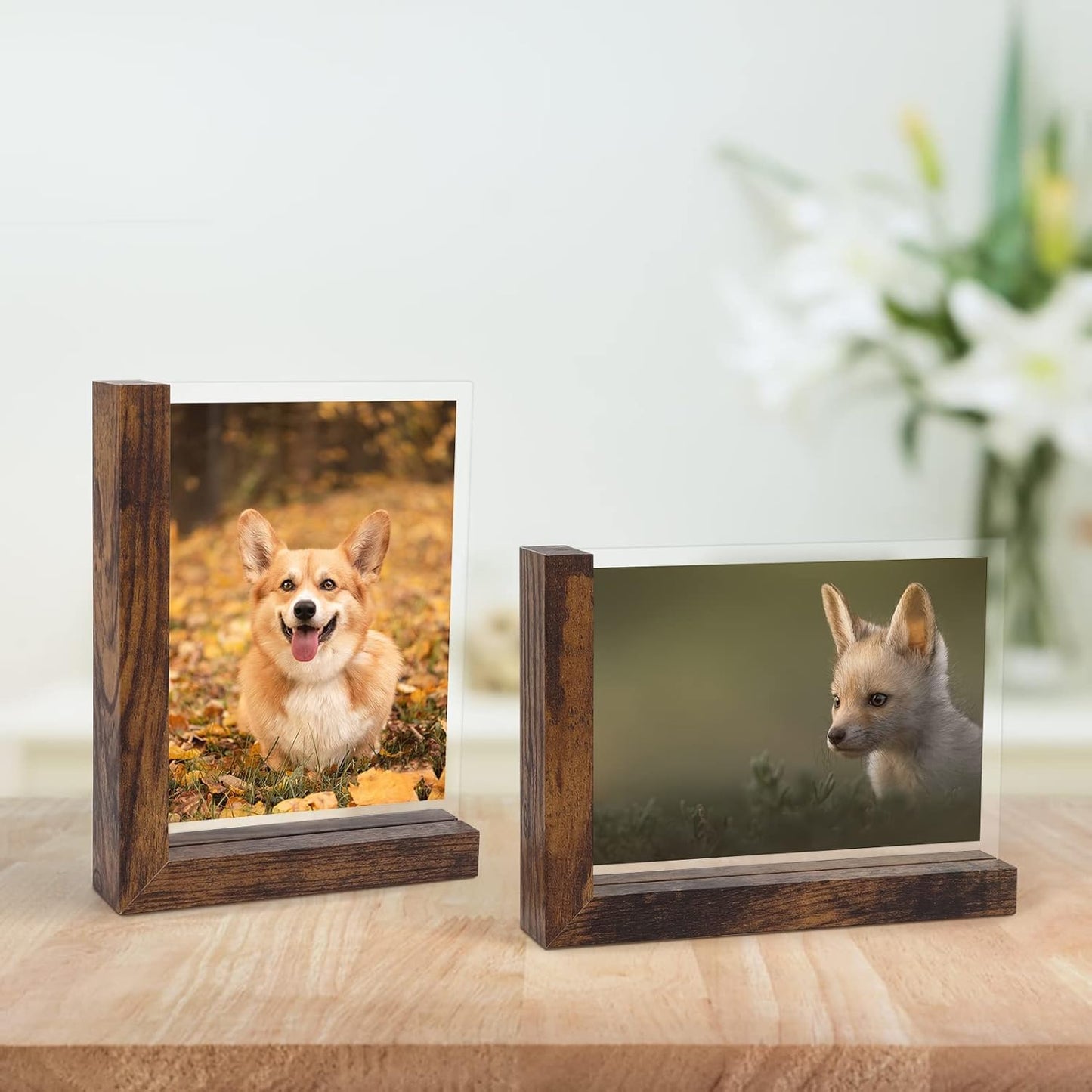 Lavezee 5x7 Picture Frames Set of 2, Double Sided Frame Display Holder with Rustic L Shaped Horizontal Vertical Stand for 5 by 7 Photo, Desktop or Tabletop Decor
