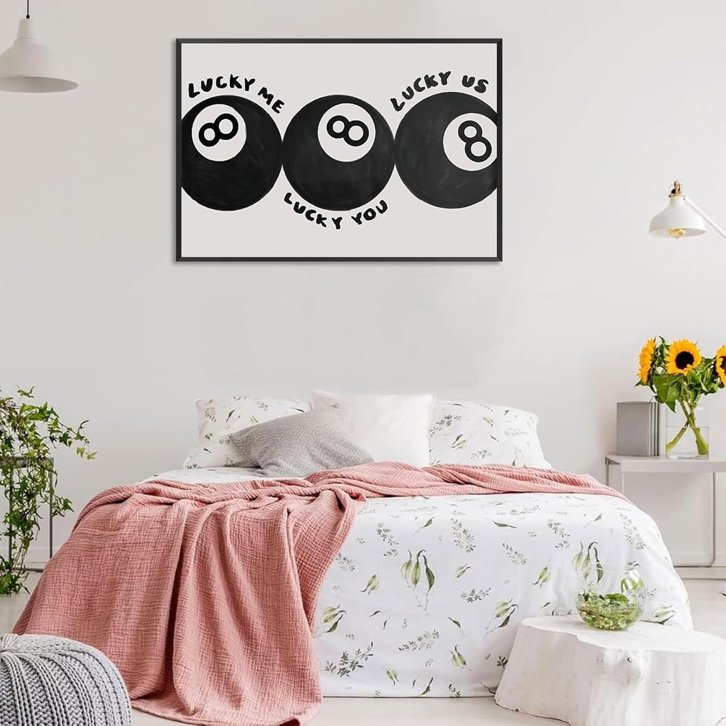Lucky Me Lucky You Lucky Us Quote Cool Canvas Wall Art Vintage Black 8 Balls Poster Playful Billiards Print Paintings Trendy Aesthetic Pictures Decor for Game Room Bar Cart 24x36inch Metal Black Frame