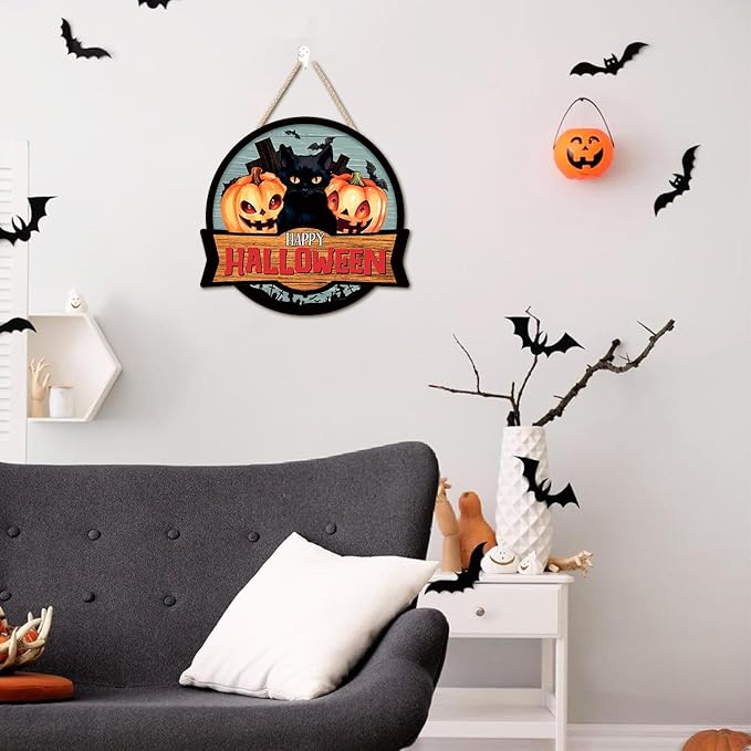 3D Halloween Door Decor Black Cat,Halloween Door Decoration,Black Cats Sign,Pumpkin Door Hanger,Horror Cross Tomb Haunted House Bat Wall Decor for Party Home Porch Yard Living Room Outdoor