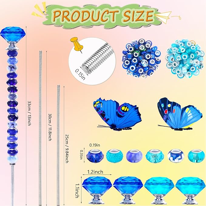 145 PCS Beaded Garden Stakes Kit, DIY Fairy Wand Garden Stake Beads Kits with Assortment Large Hole Beads 4 Crystal Stopper Top 2 Colored Butterfly Tops and Threaded Rods for Outdoor Indoor Decor