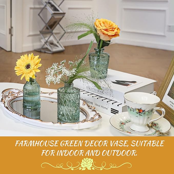 Green Glass Bud Vase Set of 22, Small Vases for Flowers, Clear Glass Vases for Centerpieces, Mini Bud Vases in Bulk Rustic Wedding Decorations, Centerpieces, Vintage Look Home Table Flower Decor