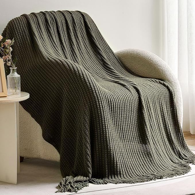 Blagic Knitted Throw Blanket for Couch Soft Farmhouse Boho Throw Blanket with Tassels Home Decorative Lightweight Throw Blankets,Dark Green Throws for Bed/Chair/Sofa, Wheat Textured, 50" W x 60" L