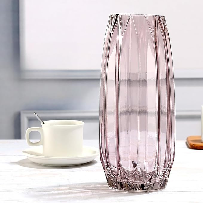 Purple Pink Ribbed Glass Vase for Flowers and Candles - Modern Centerpiece (H12.0 inch)