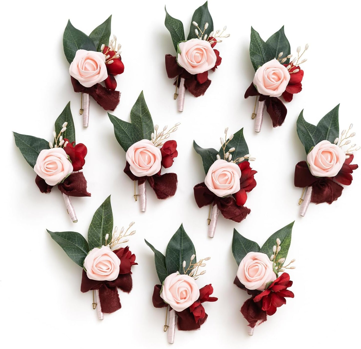 Ling's Moment Boutonniere for Men, 10pcs Groomsmen Guest Boutonniere, Artificial Flowers for Wedding Décor/Prom/Homecoming,etc.Red Blush Pink