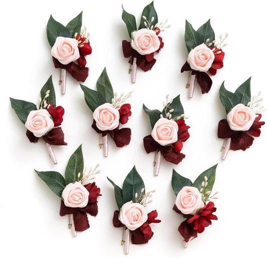 Ling's Moment Boutonniere for Men, 10pcs Groomsmen Guest Boutonniere, Artificial Flowers for Wedding Décor/Prom/Homecoming,etc.Red Blush Pink