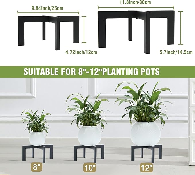 Heavy-Duty Metal Plant Stands Indoor Outdoor, 2/3 Pack Modern Plant Holder & Rattan Stool - Low Short Black Plant Stands Fit 5-12 Inch Pots (Plant Not Included) (2Pcs)