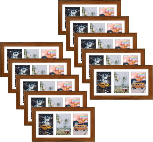 Golden State Art, Set of 10, 7x14 Brown Photo Wood Collage Frame with Mat Displays (3) 4"x6" Pictures