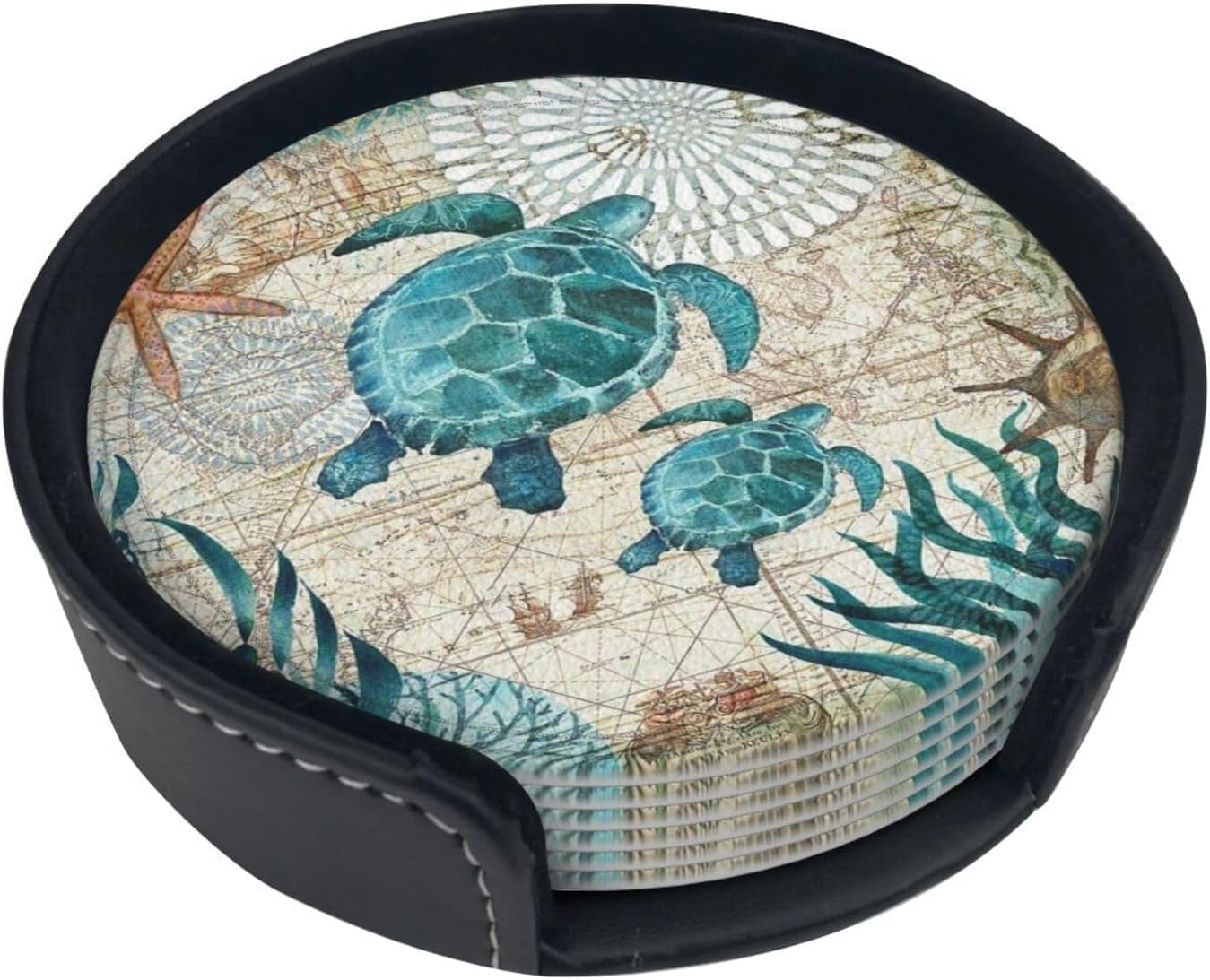 Drink Coasters with Holder Stand Set of 6, Sea Turtle Pu Leather Absorbent Coasters with Cork Base Table Coaster Round Coasters for Housewarming Apartment Kitchen Bar Decor