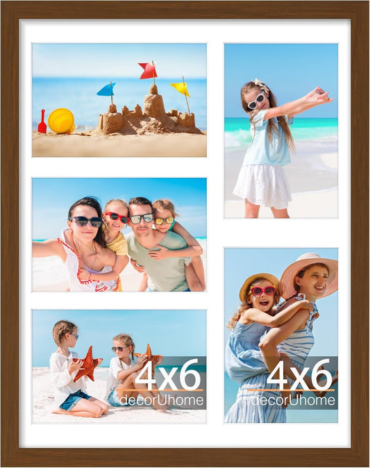 decorUhome 11x14 Picture Frames Collage Wall Decor, Display 5Pcs 4x6 Photos with Mat or 1Pcs 11x14 Unmatted, 5 4x6 Collage Picture Frames for Wall Mounting, Brown