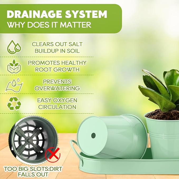 Hicarer 2 Sets Herb Planter with Tray Metal Herb Garden Planter with Drainage Farmhouse Windowsill Pots for Indoor Plants Flower Succulent Outdoor Kitchen Apartment Balcony Window (Green)