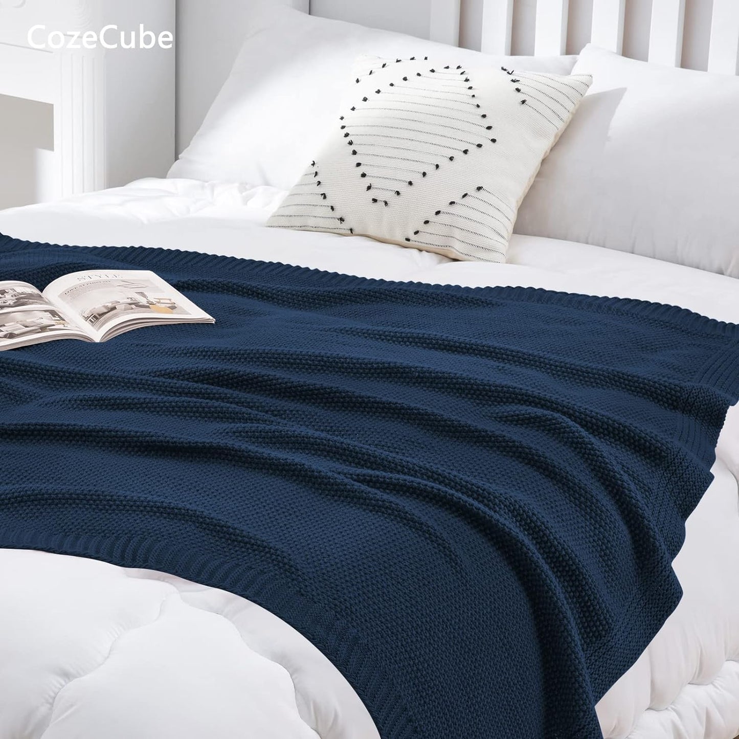 CozeCube Navy Blue Throw Blanket for Couch, Soft Cozy Cable Knit Throw for Bed Sofa Living Room, Lightweight Warm Decorative Farmhouse Christmas Blanket, 50"x60", Navy Blue