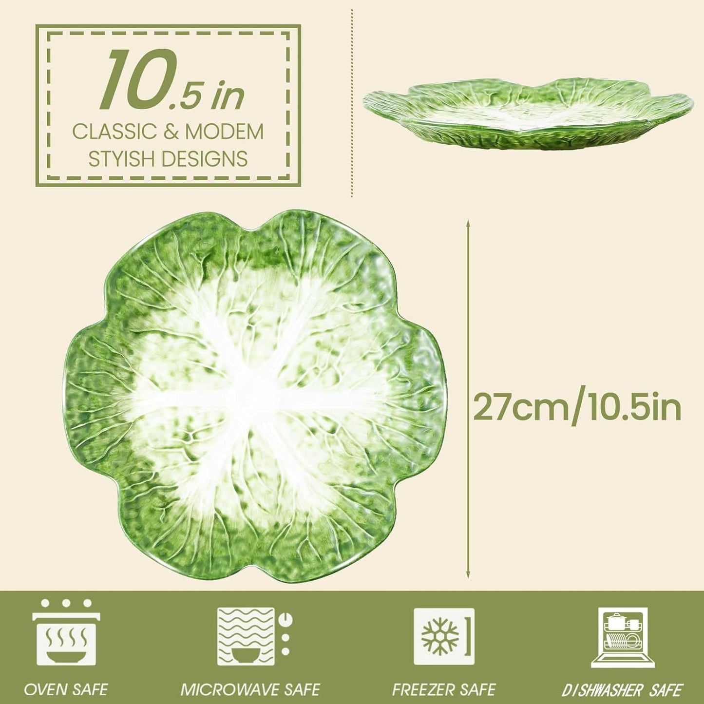 1 Pcs Green Ceramic Salad Plate, 10.5 Inch Porcelain Decorative Plates for Kitchen, Round cabbage dishware for Dessert, Decorative, Dinner, Pancakes, Steak, Cabbage Plate Microwave & Dishwasher Safe