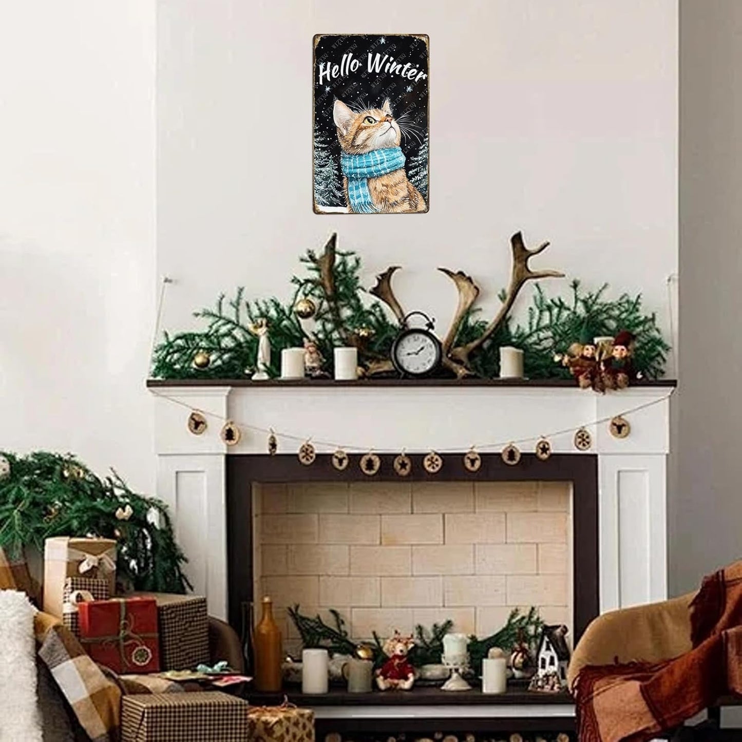 Hello Winter Cat Metal Signs Pine Trees Snowflakes Tin Signs Aluminum Sign for Home Farmhouse Office Outdoor Kitchen 12×8 Inch