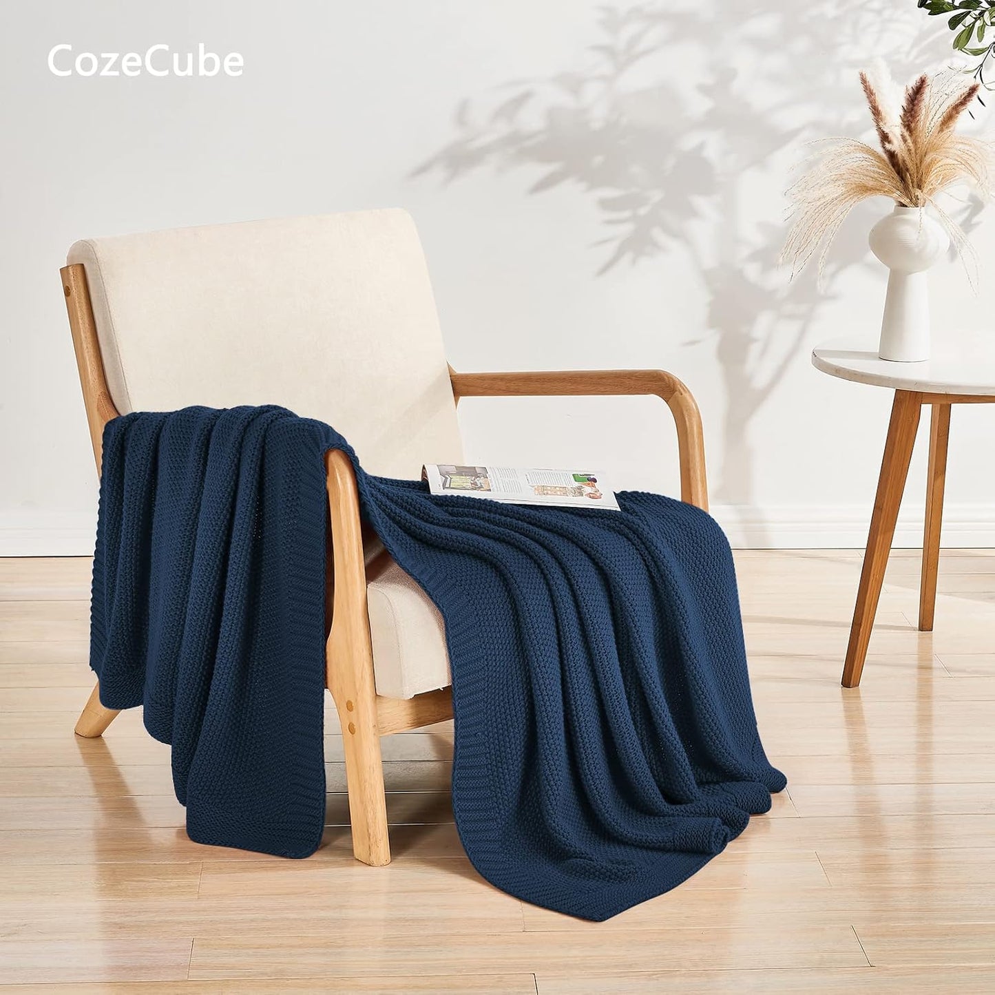CozeCube Navy Blue Throw Blanket for Couch, Soft Cozy Cable Knit Throw for Bed Sofa Living Room, Lightweight Warm Decorative Farmhouse Christmas Blanket, 50"x60", Navy Blue