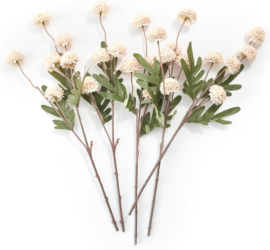 InnoGear Silk Flowers Pompon Mums Artificial Flowers, 5pcs 25 Heads Fake Mini Chrysanthemums with Long Stems Bulk Faux Kiku Flower for Decoration Memorial DIY Wedding Bouquets Centerpieces, Beige
