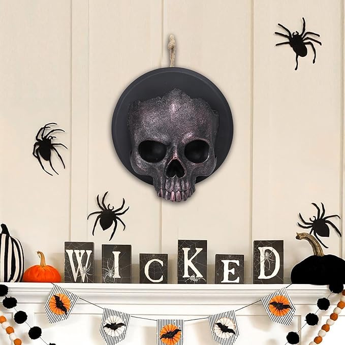 WONDER GARDEN 7.68 inch Halloween Skull Hanging Wall Decorations Light up Resin Red Gothic Skeleton Halloween Creepy Sculptures Sign for Indoor Outdoor Office Horror Home Wall Door Decor