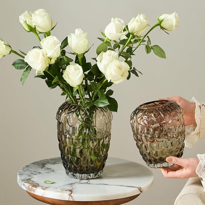 Grape Bubble Glass Vase for Flowers, Round Vintage and Clear Black Colored Smoke Glass Vases for Modern Home Decor (Crystal Grey 6" W X 6.7" H)