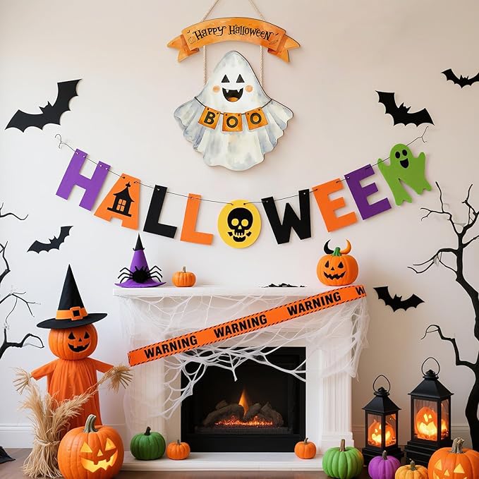 Welcome Halloween Sign,Cute Ghost Door Hanger,Happy Halloween Wall Decoration,Hey Boo Pumpkin Ghost Plaque for Front Door Indoor Outdoor Home Party Porch Yard Office Nursery Kids Room