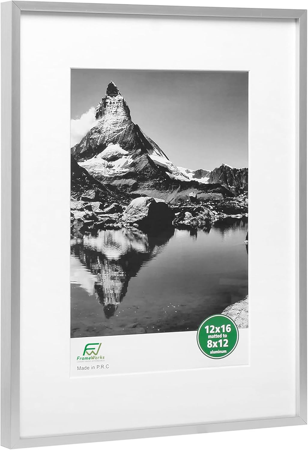 FrameWorks 12x16 Matted to 8x12 Picture Frame – Aluminum Frame w/Tempered Glass, Removable Mat for Photos, Posters, Art, Stylish Wall Frame for Home Decor, Gallery Walls, Office, Living Room - Silver
