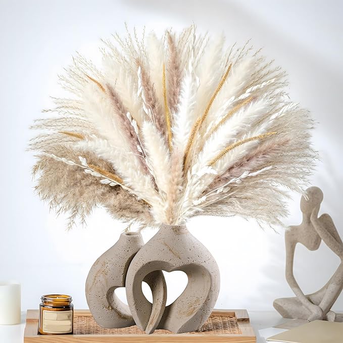 Modern Hollow Vase Set of 2 - Natural Travertine Textured Resin Vases for Flowers, Pampas Grass, Home Decor - Centerpiece for Bathroom, Entryway, Nightstand (8.5 Inches Tall, Heart Design)