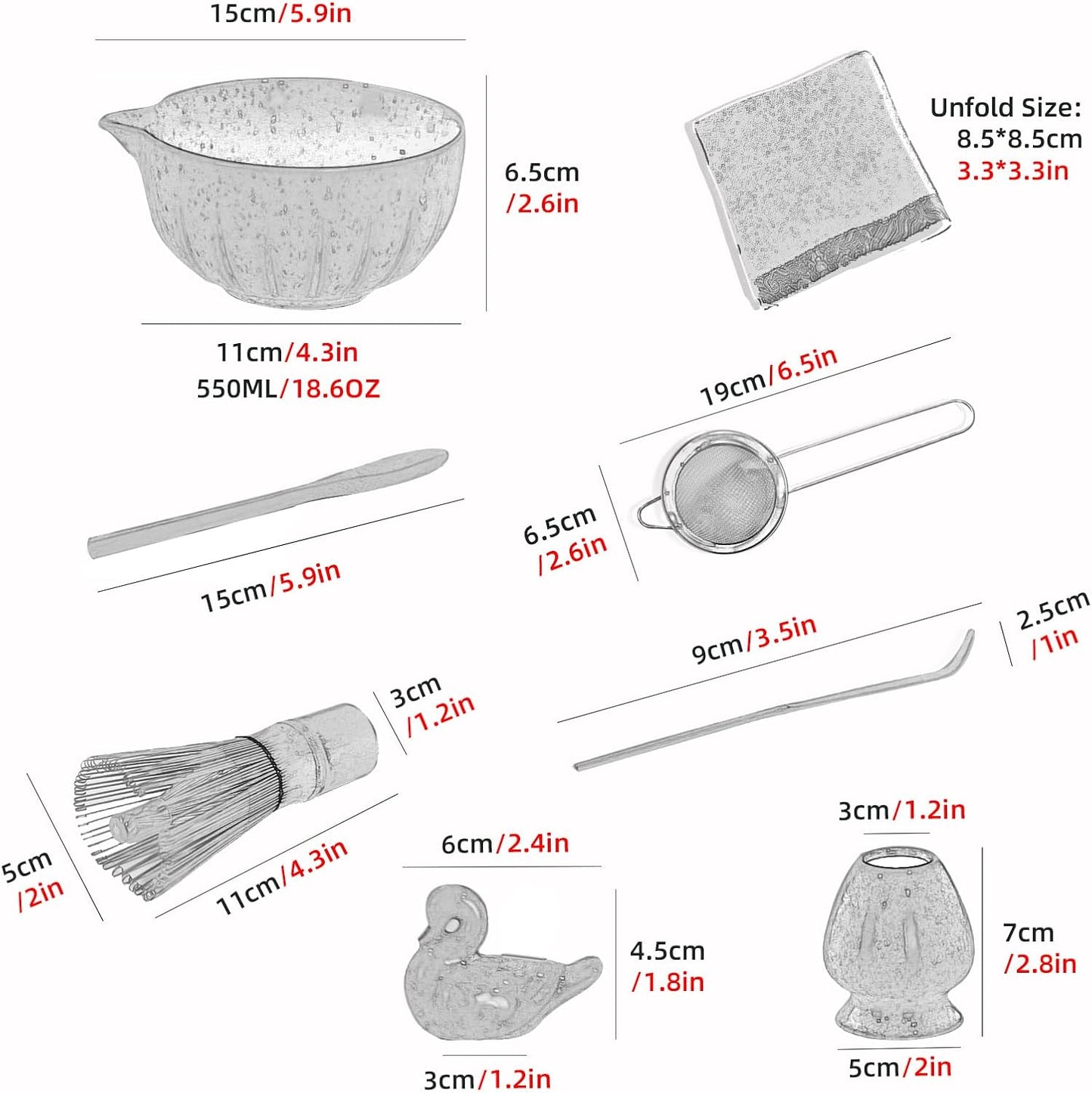 Japanese Matcha Ceremony Accessory,temmoku glaze Matcha Whisk, Traditional Scoop (Chashaku), Tea Spoon, Whisk Holder, 1 tea bowl, 1 tea siev, The Perfect Set to Prepare a Traditional Cup of Matcha.