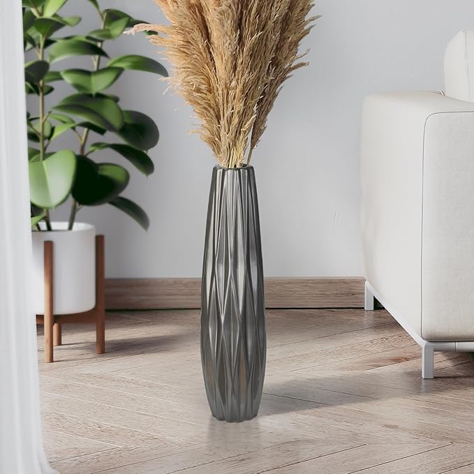 Silvery Ceramic Tall Floor Vase,17.7 Inch Large Modern Flower Vases for Home Décor,Wicker Big Floor Vase Decorations for Farmhouse, Living Room,Bedroom,Standing Plastic Vase Decorative Tall