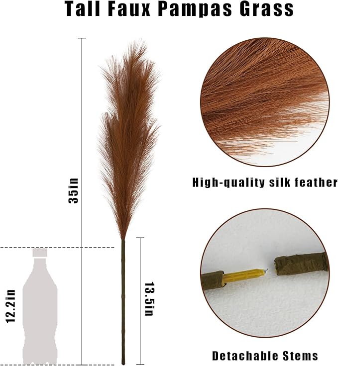 35" Faux Pampas Grass Decor, 8pcs Large Tall Fluffy Artificial Pompous Grass Branches Floral Fake Pompas Grass Bulrush Floor Vase Filler Flower Arrangement for Home Wedding Boho Decor, Brown