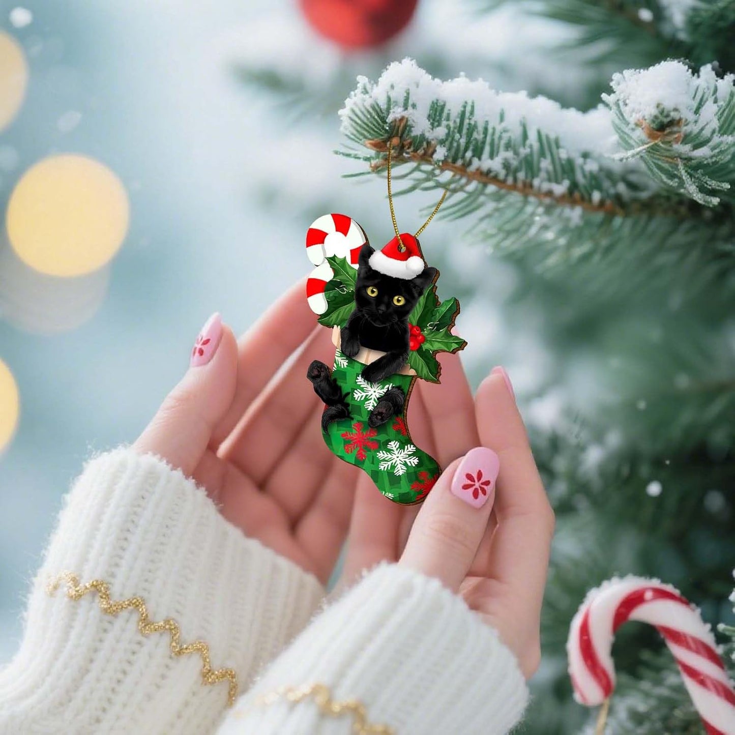 Black Cat Ornament, Funny Ornaments for Christmas Tree, Christmas Decorations, Ceramic Cat in Sock Ornament, Cat Lover Gifts for Christmas Ornament